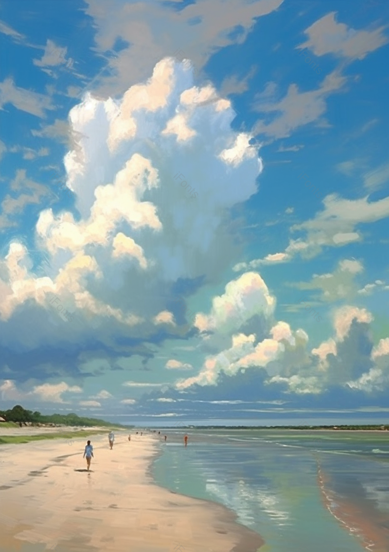 天晴晴朗蓝天白云下一望无垠的海洋行人在沙滩上游玩,插画/手绘图,插画/手绘图库,插画/手绘图下载,插画/手绘